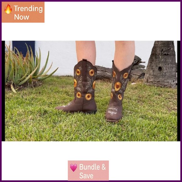 Women's Mid Calf Cowboy Boots Square Toe Low Heel Stitched Embroidery - Picture 8 of 8